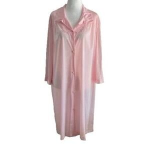 VTG Vanity Fair Pink Robe Women Sz L Lightweight Button Front Floral Embroidery